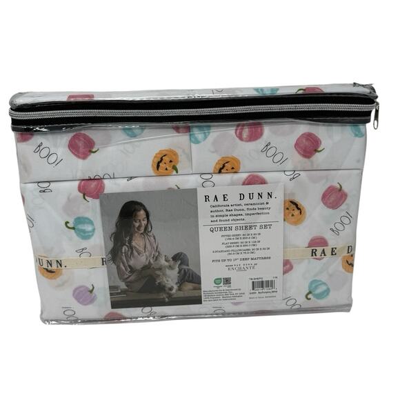Rae Dunn By Enchante Pastel Halloween Pumpkins Queen Size Bed Sheets Set NEW - Picture 1 of 6